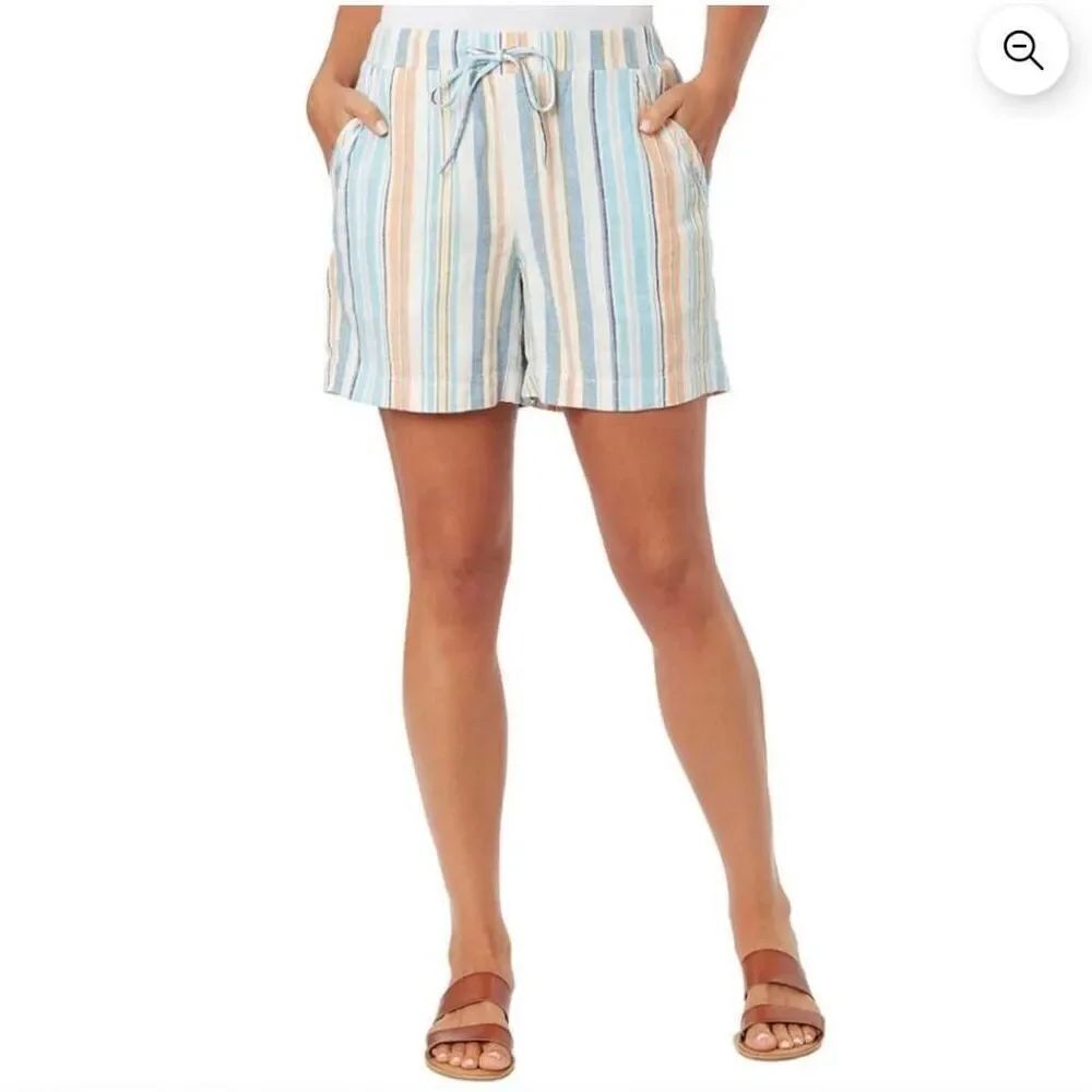 Briggs Women's White/Aqua/Orange Linen/Rayon Drawstring Shorts w Pockets